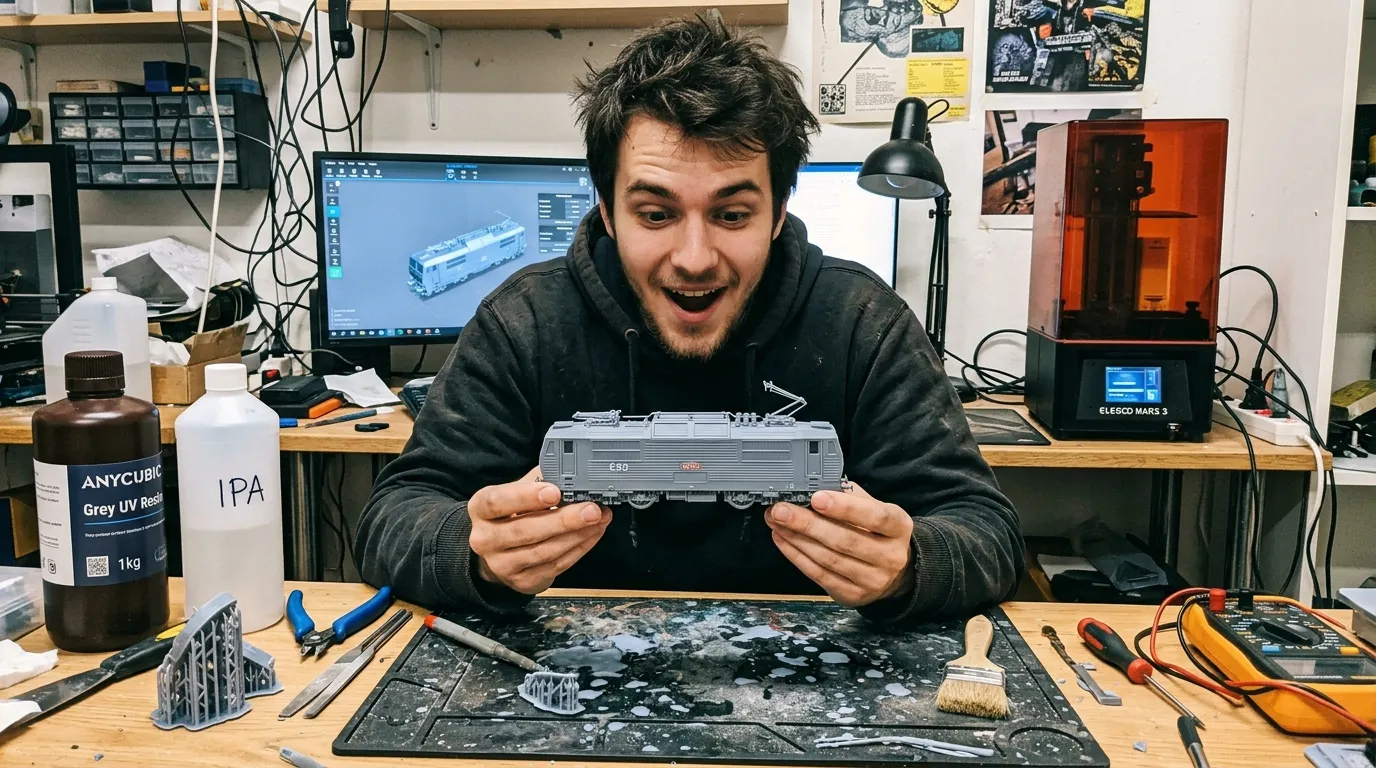 Detailní 3D tisk modelu lokomotivy ES499 z resinu na SLA tiskárně
