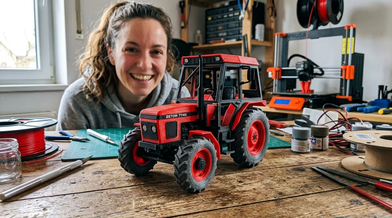 Červený model traktoru Zetor 7745 vytištěný na 3D tiskárně z PLA filamentu