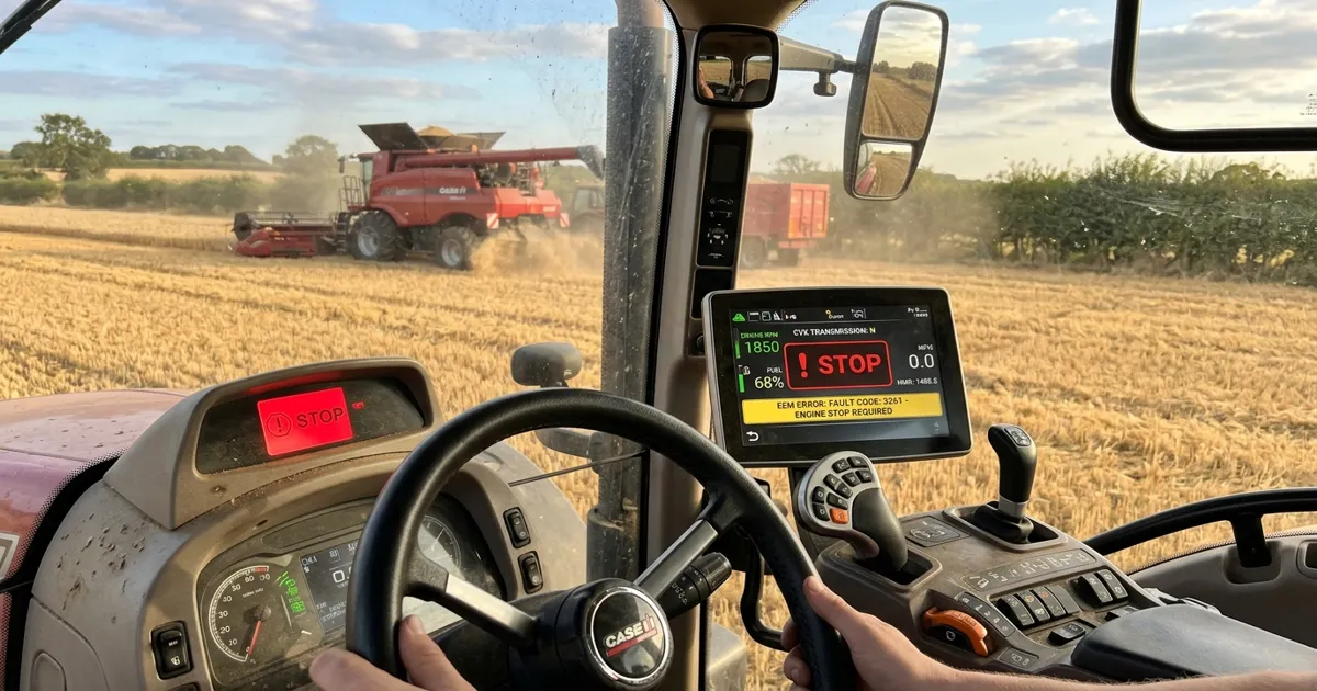 Chybové hlášení EEM na displeji traktoru Case IH CVX s rozsvícenou kontrolkou STOP