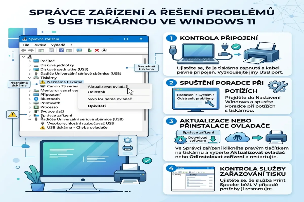 Ukázka správce zařízení a řešení problémů s USB tiskárnou ve Windows 11.