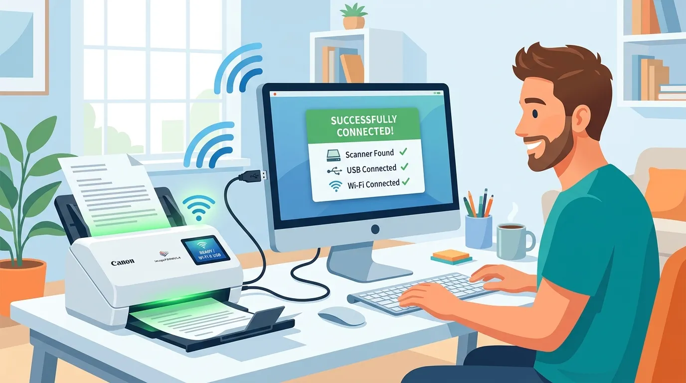 Jak přidat skener k počítači: Kompletní návod (Windows i Mac) 1 Ilustrace uživatele, který úspěšně připojuje skener k počítači přes USB a Wi-Fi