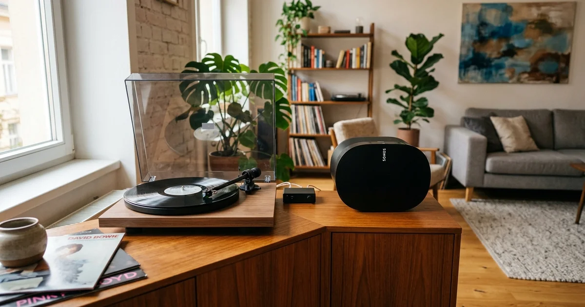 3 ověřené způsoby, jak z gramofonu odeslat Wi-Fi zvuk do multiroom sítě bez ztráty kvality 1 Gramofon připojený k bezdrátovému Wi-Fi reproduktoru v moderním obýváku