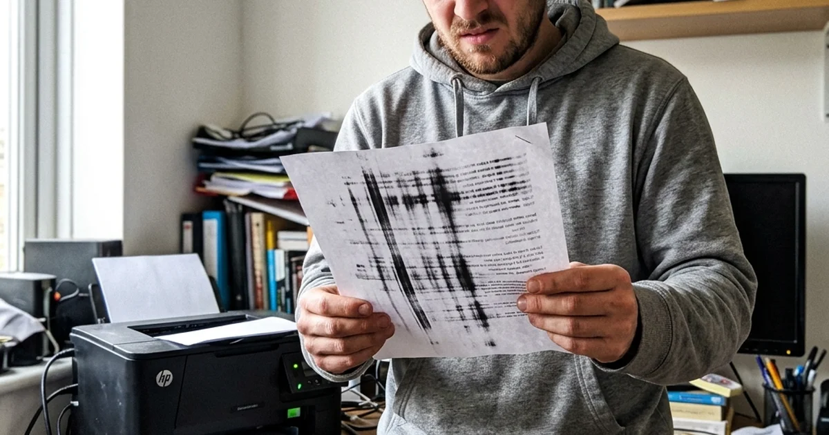 Detailní pohled na laserovou tiskárnu s ukázkou zkušební stránky s chybami tisku