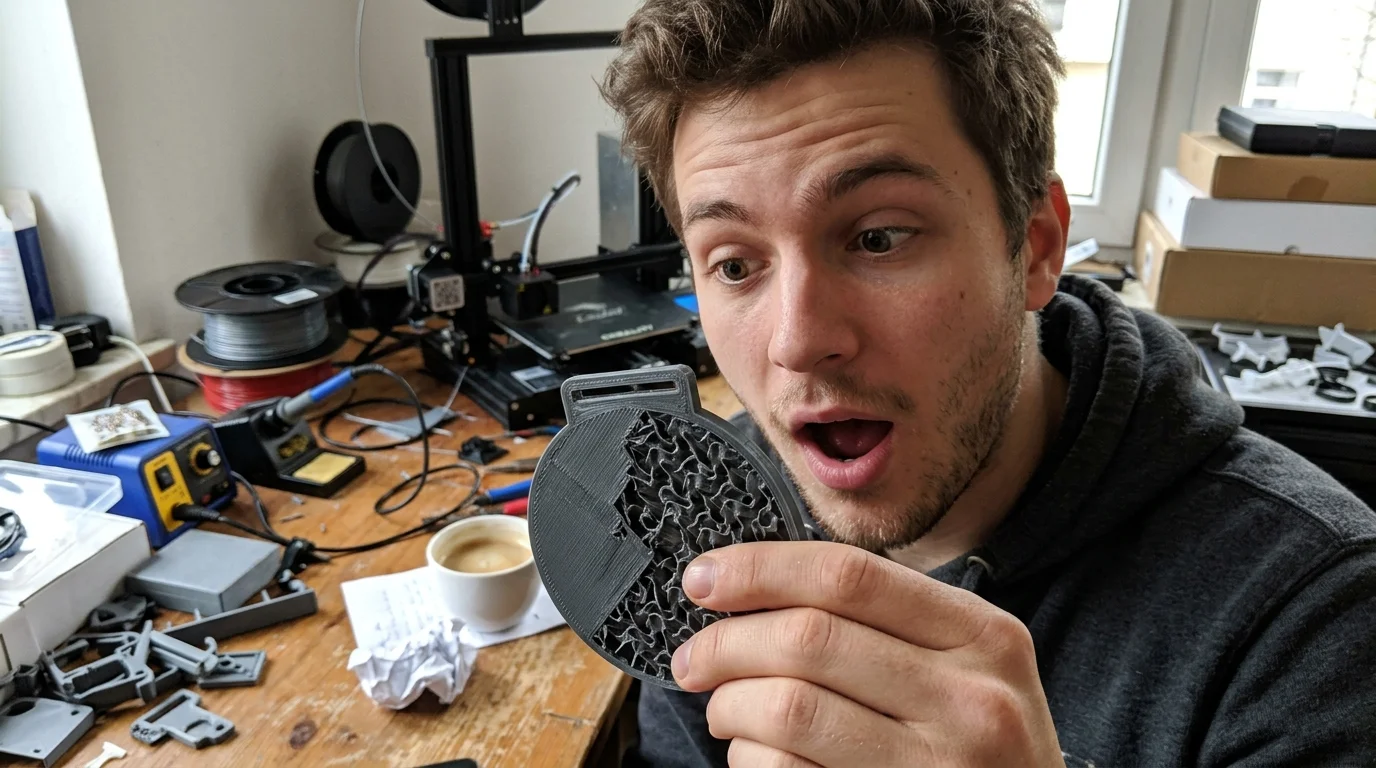 Detailně zpracovaná medaile z 3D tisku s částečně odhalenou výplní na stole.