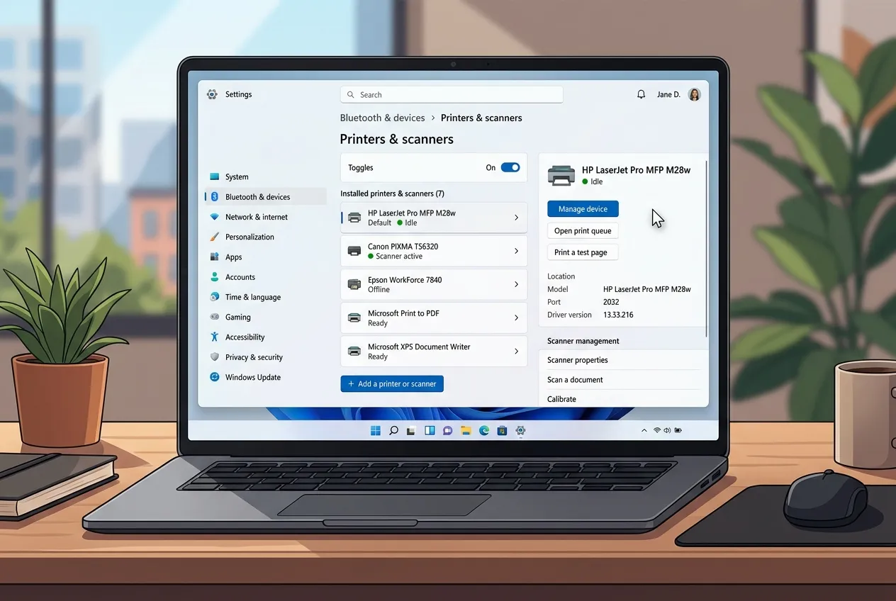 Jak přidat skener k počítači: Kompletní návod (Windows i Mac) 2 Ukázka obrazovky s nastavením tiskáren a skenerů v operačním systému Windows