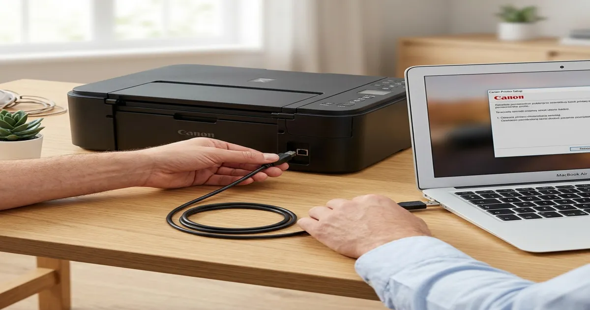 Průvodce krok za krokem pro připojení tiskárny Canon k PC přes USB kabel.