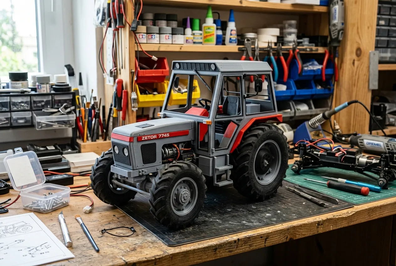 Detailní RC model Zetor 7745 sestavený z dílů vytištěných na 3D tiskárně